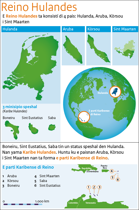 E Reino Hulandes ta konsisti di 4 pais: Hulanda, Aruba, Korsou i Sint Maarten